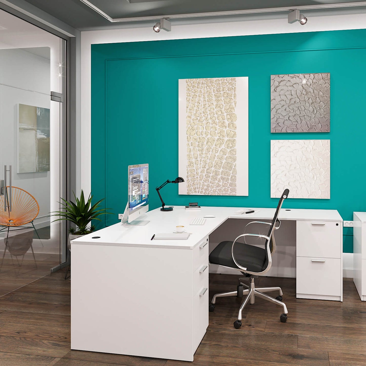 i5 Industries Kai L Shaped Desk with Double Full Pedestals, 71″ x 78″ (71″ W Desk, 42″ W Return)