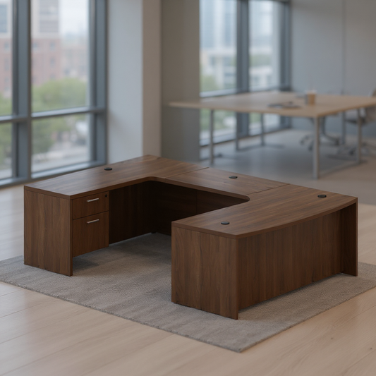 i5 Industries Kai U Shaped Left Handed Extended Corner Bow Front Desk with Double Suspended Pedestals, 71″ x 114″