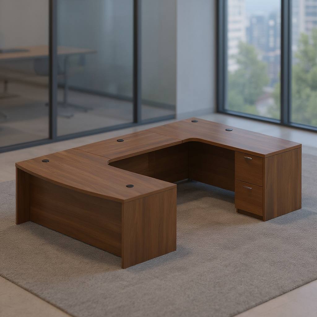 i5 Industries Kai U Shaped Right Handed Extended Corner Bow Front Desk with Double Full Pedestals, 71″ x 126″