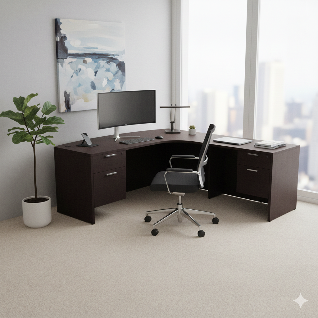 i5 Industries Kai L Shaped Right-Handed Extended Bow Front Desk with Double Suspended Pedestals, 71″ x 90″