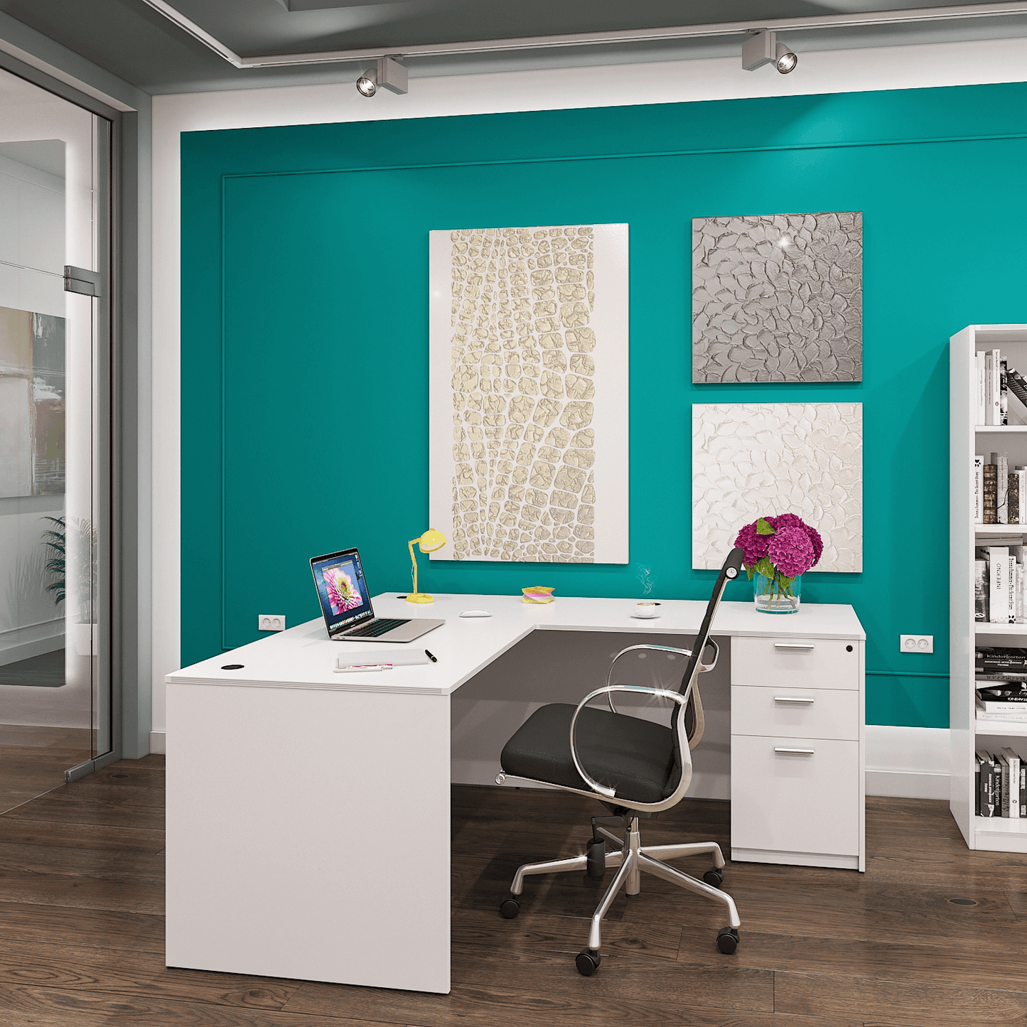 i5 Industries Kai L Shaped Desk with Full Pedestal, 71″ x 78″ (71″ W Desk, 42″ W Return)