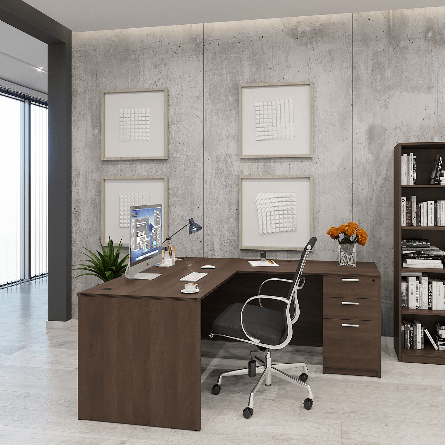 i5 Industries Kai L Shaped Desk with Full Pedestal, 66″ x 72″