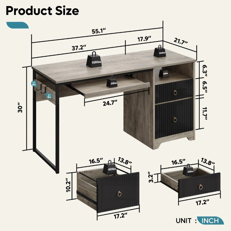 55'' Home Office Computer Desk with File and Storage Drawers