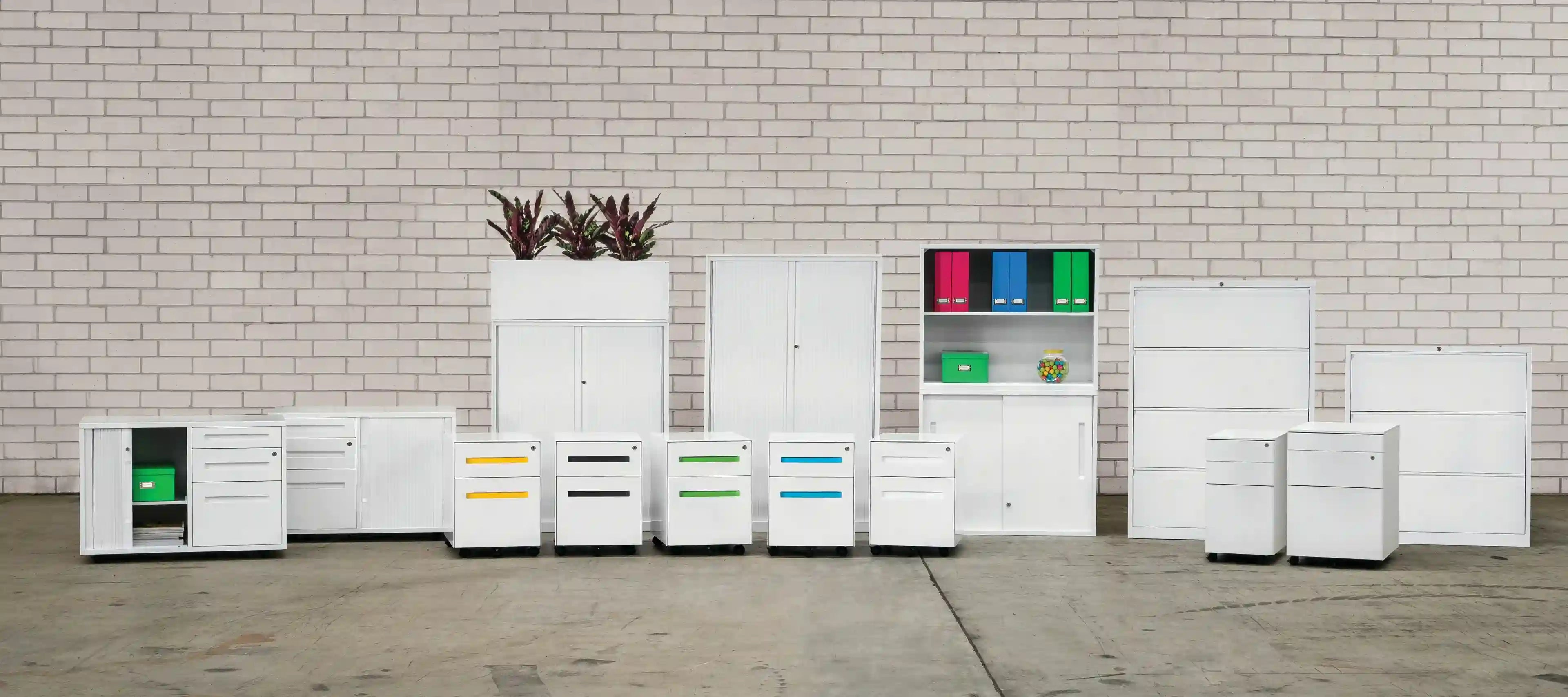 Modern office furniture including a wooden cabinet, desk, and chair.